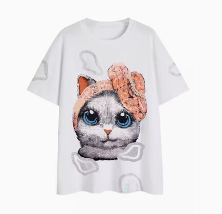Fashion heavy industry hot diamond cartoon cat pure cotton short-sleeved top T-shirt