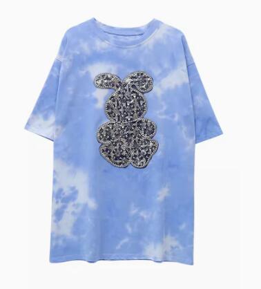 Fashionable blue heavy industry cartoon rabbit tie-dyed cotton short-sleeved top T-shirt