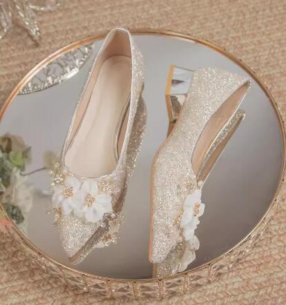 Silver new thick heel crystal shoes
