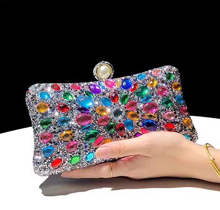 Pearl Head Color Diamond Silver Clutch Evening Bag