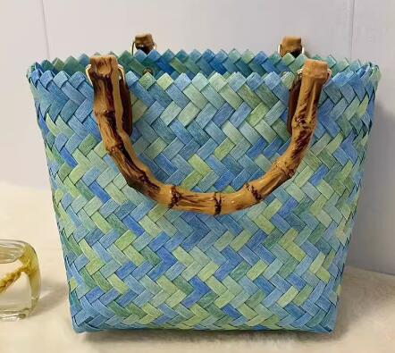 Niche solid color plastic handwoven bamboo bag vacation beach bag