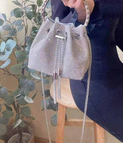 Rhinestone Small Bucket Bag with Chain